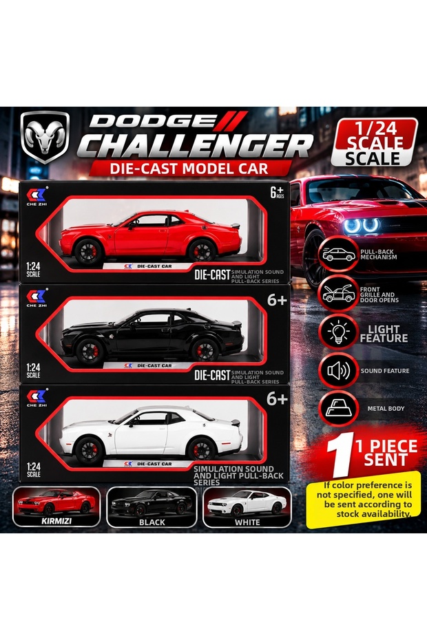 Dodge Challenger 1/24 Scale Metal Model Car with Sound and Light Pull-Back Mechanism 1Pcs
