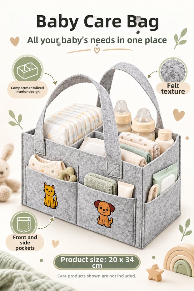 Felt Mother Baby Care Bag with Cat Figure, Multi-Purpose Organizer, Portable Bag Organizer