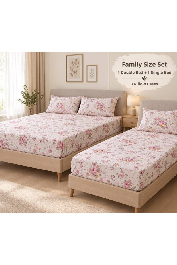 Family Size 2-Piece Floral Economical Elastic Sheet Set - 1 King Size, 1 Single Size + 3 Pillowcases