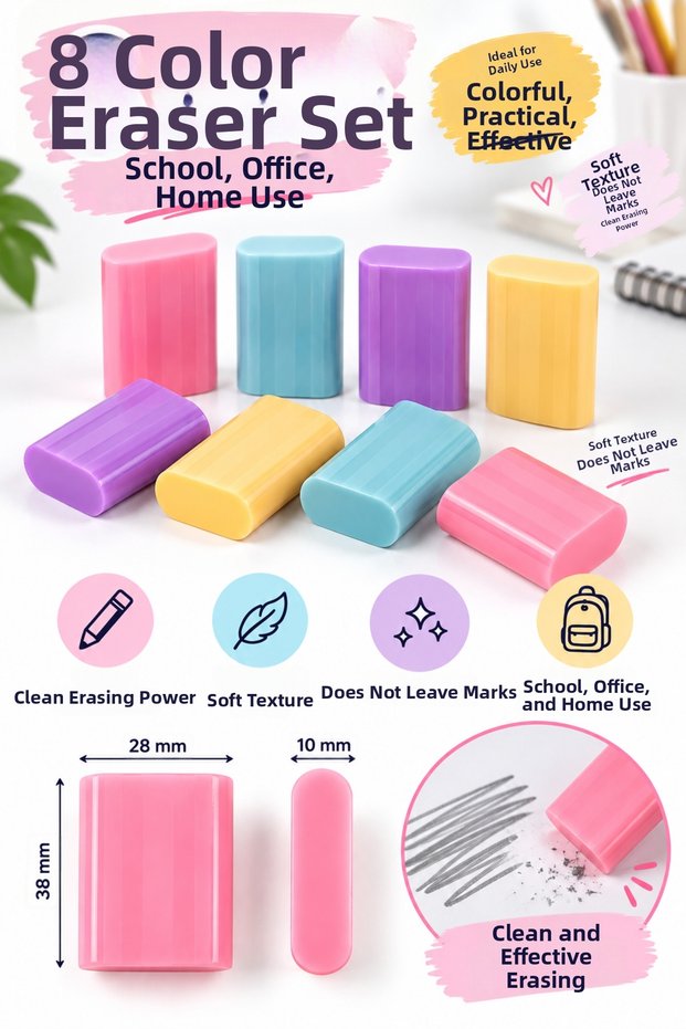 8 Pieces Soft Colorful Eraser Set 28X38X10Mm Non-Marking Vd073