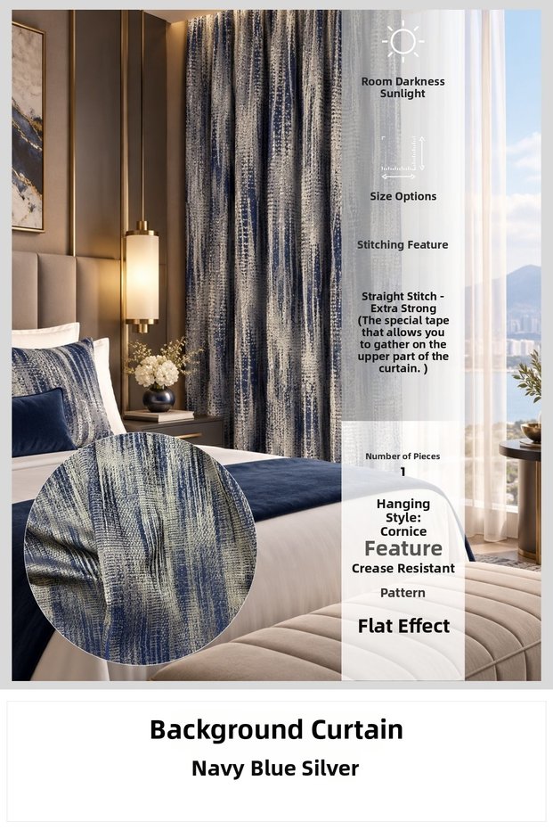 Navy Blue Silver Background Curtain | Metallic Sparkling Vintage Pattern | Extrafoam Flat Planting | Custom Size