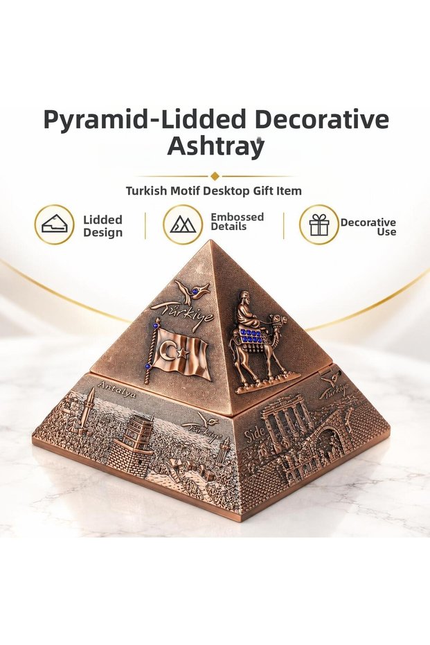 Turkey Themed Metal Pyramid Ashtray Incense Burner Jewelry Box with Lid Decorative Gift 12X12 cm