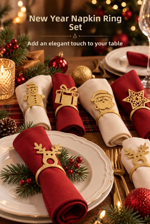 Christmas Napkin Ring Set of 6 Gold Color 3D Printing Santa Claus Deer Snowman Snowflake Figured Stylish Christmas Table Ornament and Table Decoration