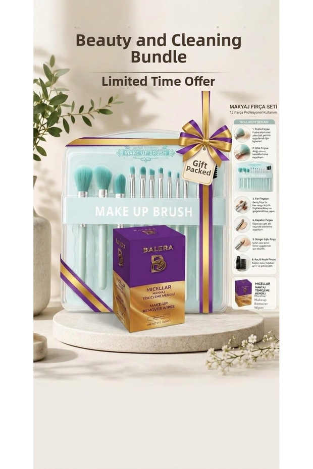 12 Piece Professional Makeup Brush Set & Micellar Makeup Cleansing Wipes