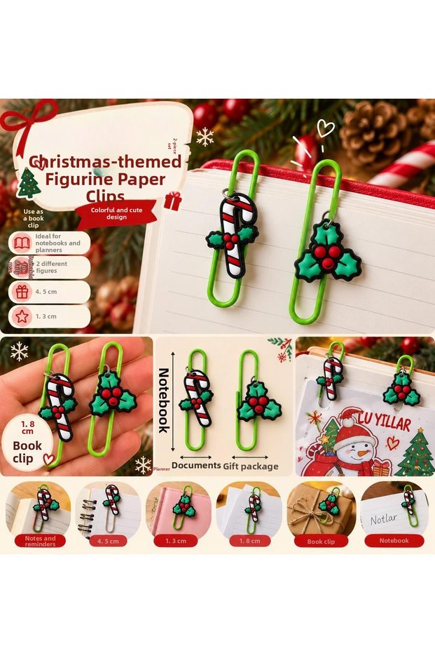 Christmas Themed Figurine Paper Clips / Bookmarks – Set of 2 – Decorative Bookmarks with Candy Cane and Holly Figurines
