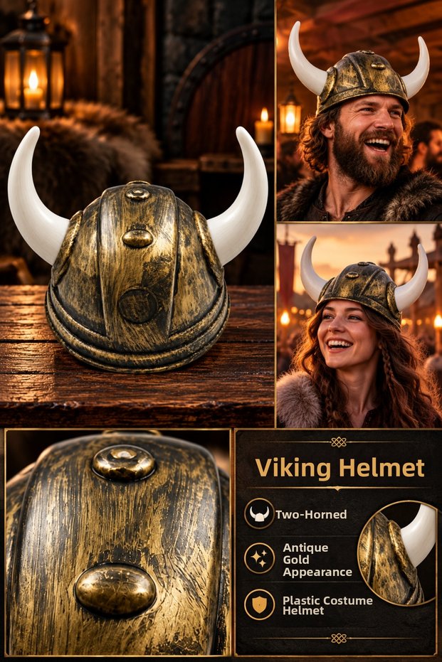 Viking Helmet Hat with 2 Horns Plastic Gold Antique Look Party Costume Accessory