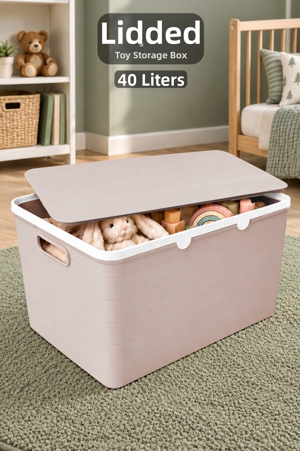 40Lt Storage Box with Lid - Children's Baby Room Organizer Multi-Purpose Item Toy Organizer Pink
