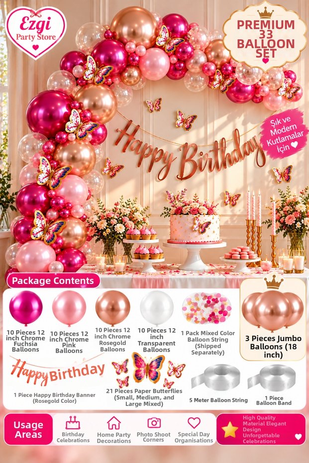 Premium Chrome Balloon Chain Birthday Concept Fuchsia Pink Rosegold Butterfly Happy Birthday Birthday Celebration Party Set Decoration Supplies