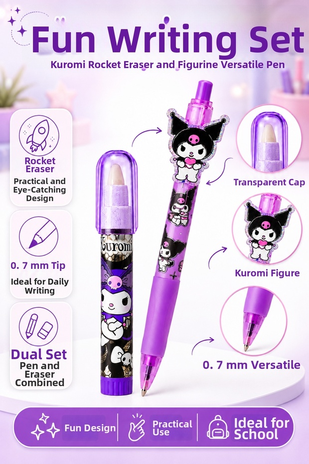 Figured Eraser and Pencil Set Licensed Rocket Shaped School Eraser with 0.7 Tip Versatil Pencil Purple Color