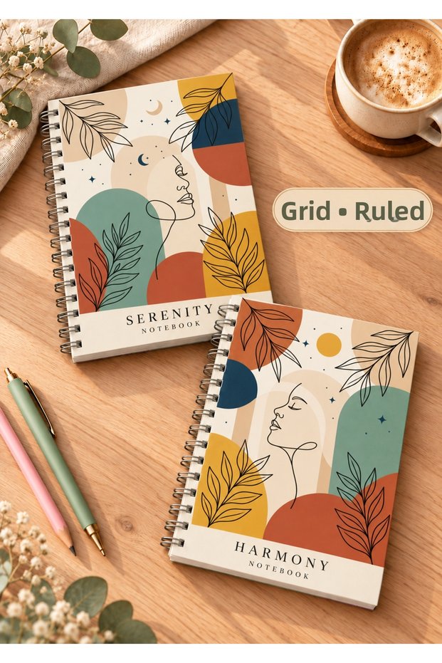 Serenity (Serenity) & Harmony (Harmony) Themed Set of 2 A5 Metal Spiral-Bound Lined-Checkered Cardboard Covers Serenity (Serenity) & Harmony (Harmony) Themed Set of 2 A5 Lined-Checkered Notebooks
