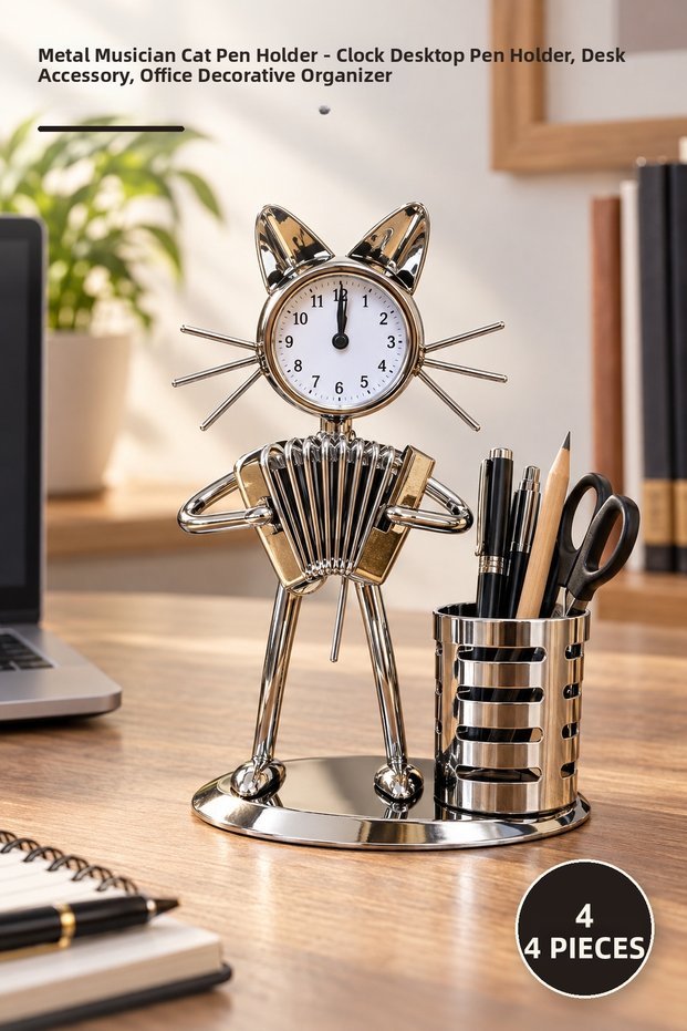4 Pieces Metal Musician Cat Pen Holder – Desktop Pen Holder with Clock, Pen Holder, Desk Accessory, Office Decorative Organizer