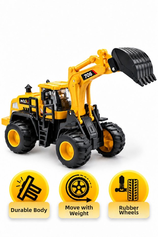 Yellow Excavator Toy 22 Cm, Friction-Powered Construction Vehicle, Movable Digger Arm and Bucket