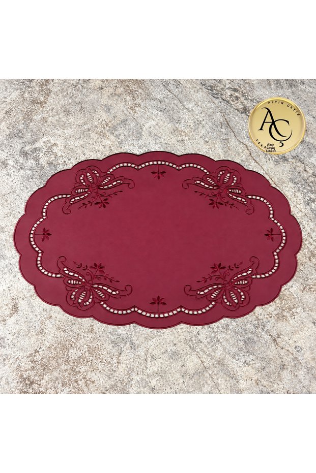 Burgundy Bowknot Patterned Oval Faux Leather Supla American Service Wipeable Plate Mat