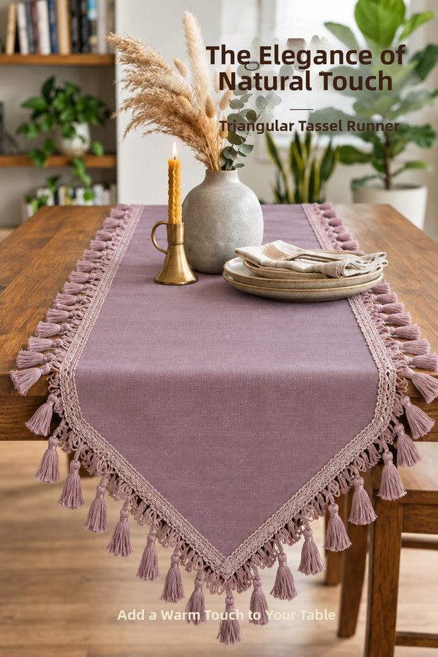 Tasseled Bohemian Runner Linen Textured Decorative Tablecloth Plum 40 X 140