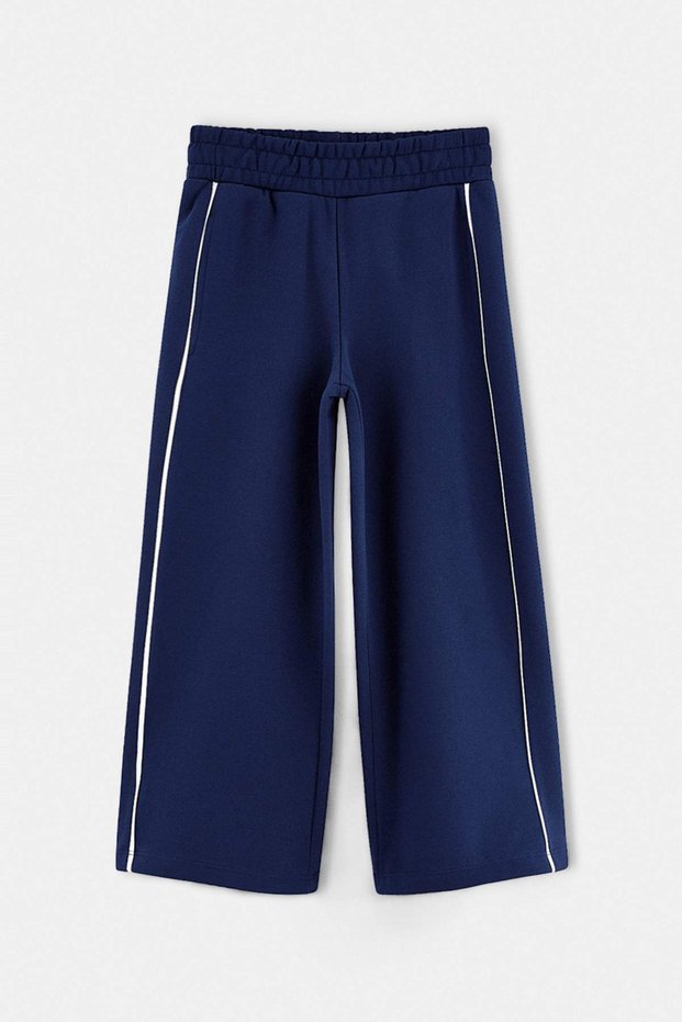 Navy Blue Girls' Interlock White Striped Wide Leg Sweatpants Tkdaw27Ea00032