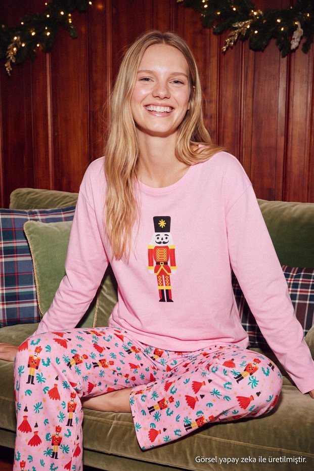 Pink 100% Cotton Christmas Themed Knitted Pajamas Set Thmaw23Pt00318