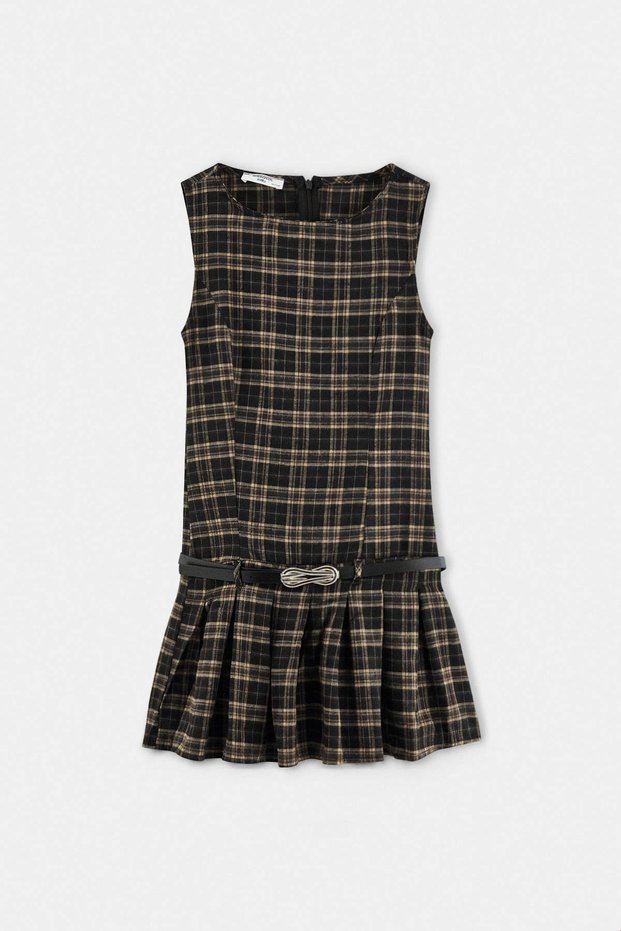 Black Yellow Girl's Plaid Patterned Belted Waist Midi Plain Woven Dress Tkdaw27El00027
