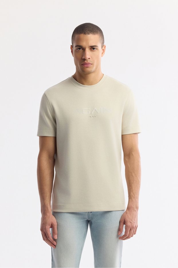 Men's Beige Crew Neck Printed Bi-Stretch Interlock Regular Fit T-Shirt A51Y1132