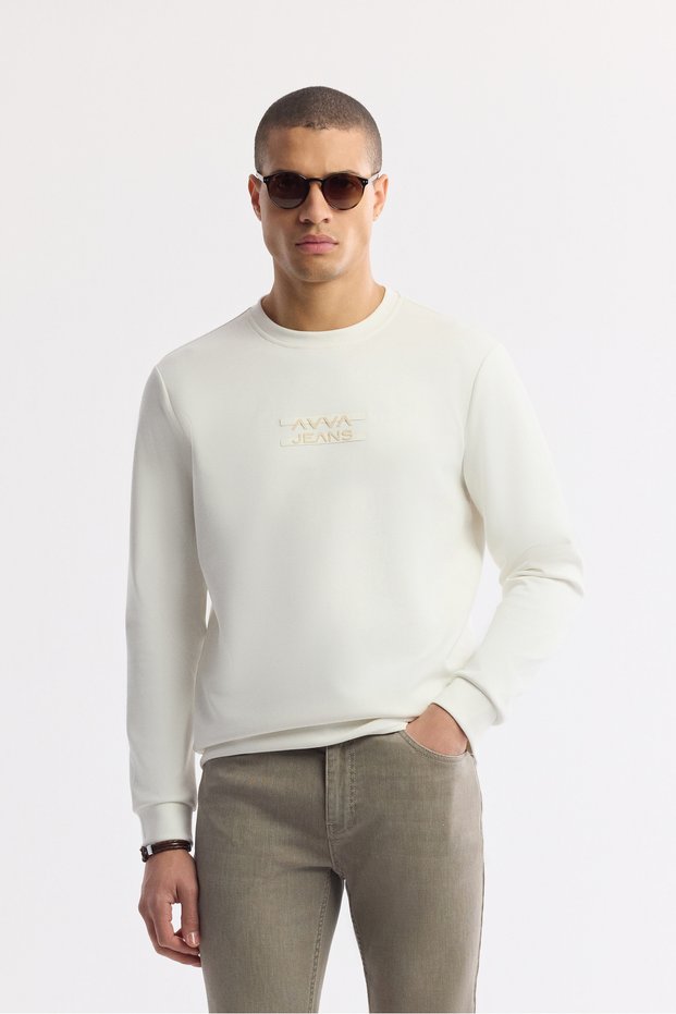Men's Ecru Crew Neck Printed Bi-Stretch Interlock Regular Fit Sweatshirt A51Y1204