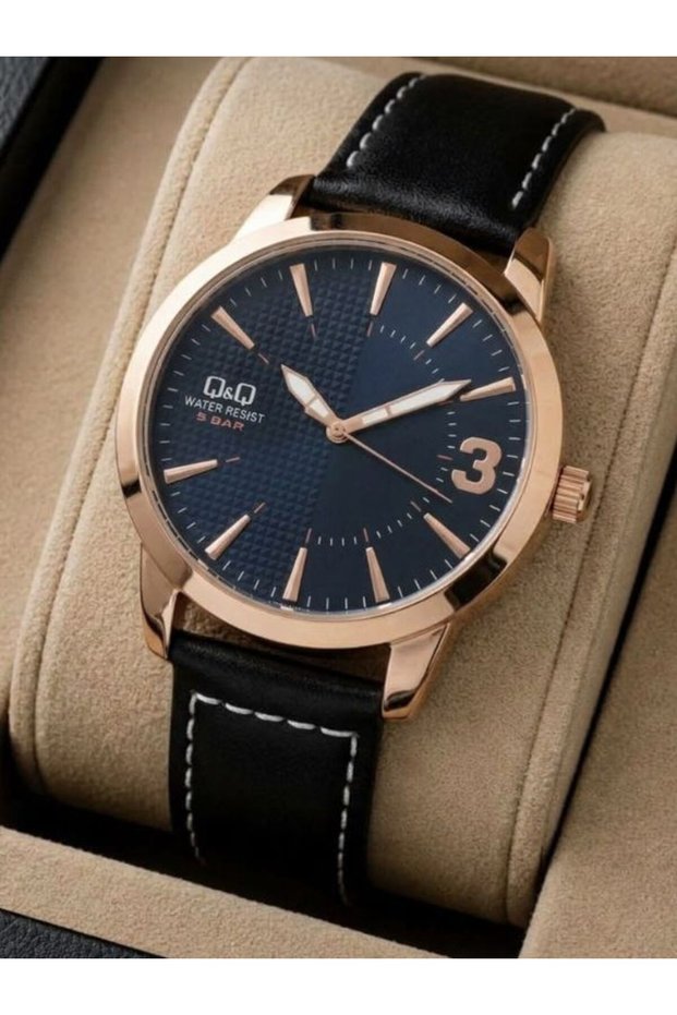 Men's Black Leather Stitched Strap Rose Metallic Bezel Asymmetric Dial Analog Wrist Watch