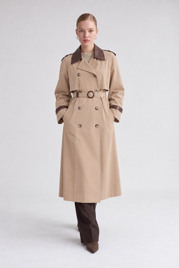 Leather Fabric Detailed Trench Coat Beige