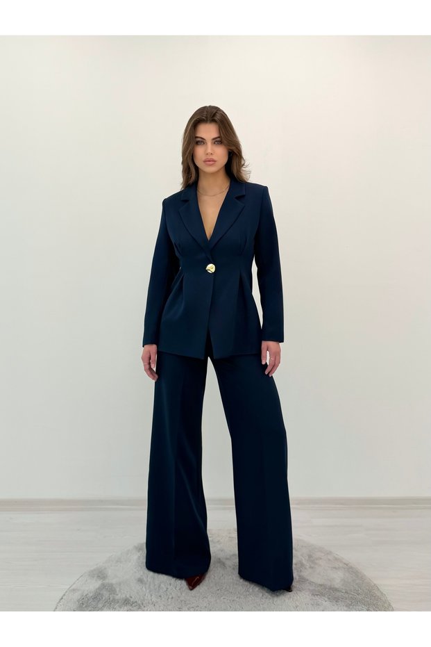 Valeria Women's Waist-Fitted Single-Button Blazer Jacket Wide-Leg Pants Navy Blue Two-Piece Set