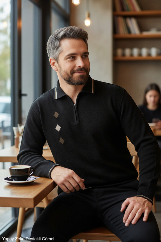 Men's Black Anti-Pilling Polo Collar Half-Zip Thick Knit Patterned Winter Knitwear Sweater Long Sleeve Intersia Top Clothing Old Money Regular Fit Classic Cut Kml120