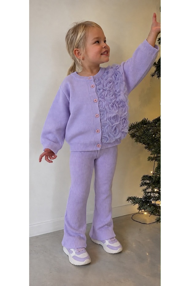 Girl's Floral Detailed Knitwear Cardigan and Flared Pants 2-Piece Set - Dusty Rose, Pink, Lilac