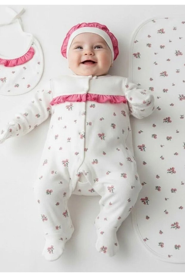 0-3 Months Baby Girl Floral Patterned Blanket 100% Cotton 6 Piece Zibin Set
