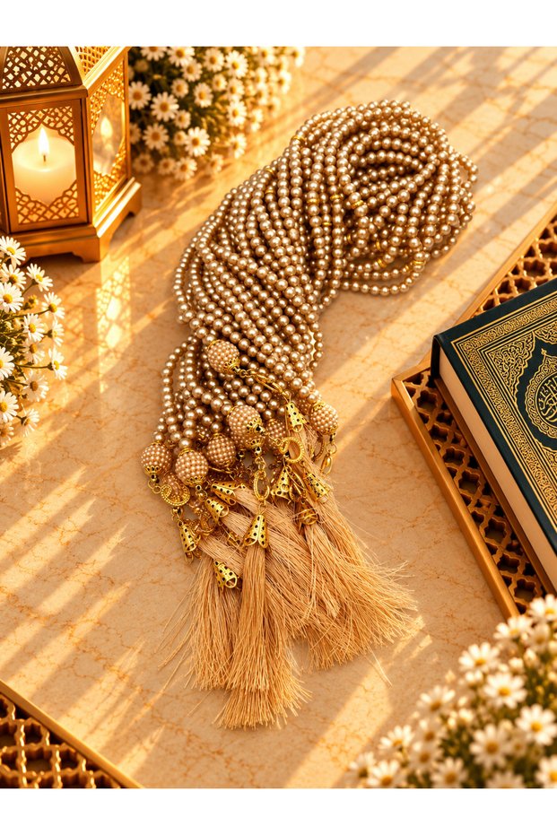 10 Gift Items: Gold Plastic Pearl Prayer Beads with Vav and Tassel, 99 Pieces (Mevlit-Circumcision-Hajj-Umrah)