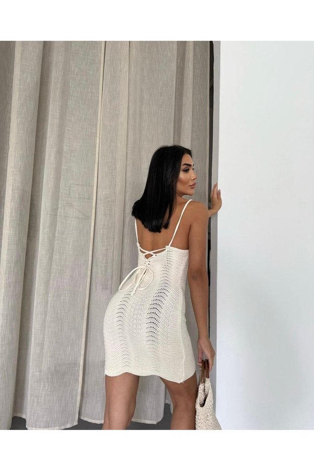 Premium Ecru Openwork Knitwear Mini Dress Bodycon Stylish and Elegant Summer Women's Dress