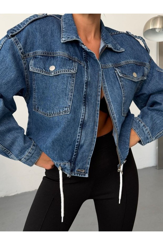 Women's Cropped Padded Denim Jacket with Zipper and Double Pockets Jean Jacket