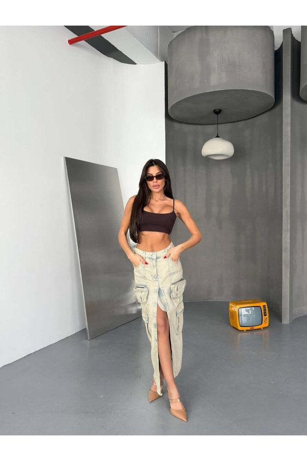 Beige Denim Cargo Pocket High-Waisted Slit Maxi Skirt