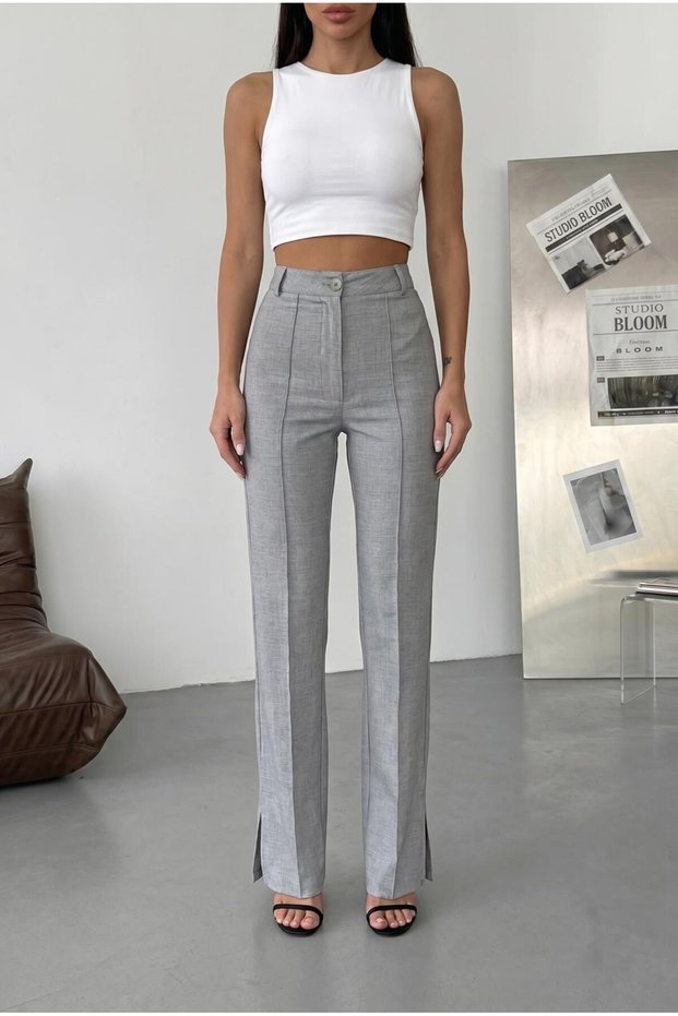 Women's Linen-Look High-Waist Fabric Trousers with Slit Detail
