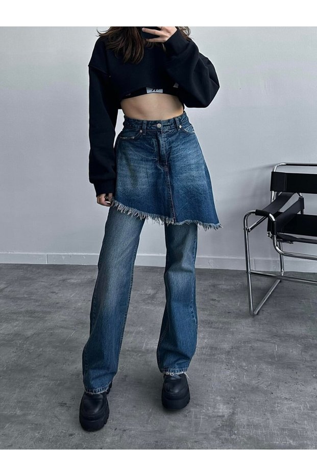 High-Waisted, Ripped, Asymmetrical Mini Skirt-Style Wide-Leg Jeans