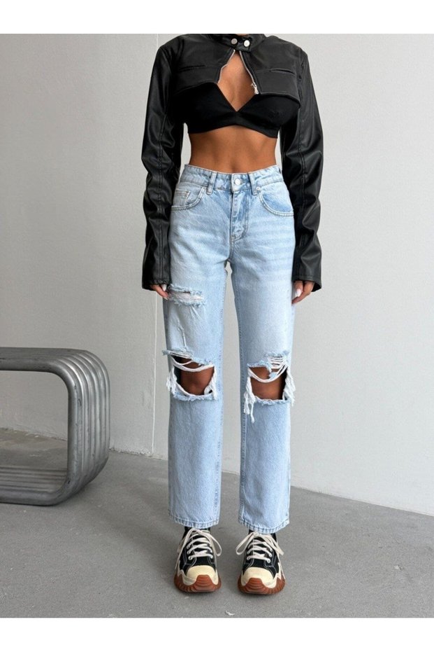 Women's High Waist Wide Legs Cotton Jean Trousers with Ripped Detail at the Knees