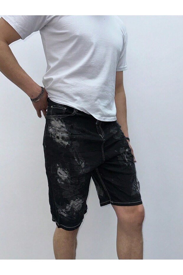 Casual Fit Vintage Patterned Black Denim Shorts