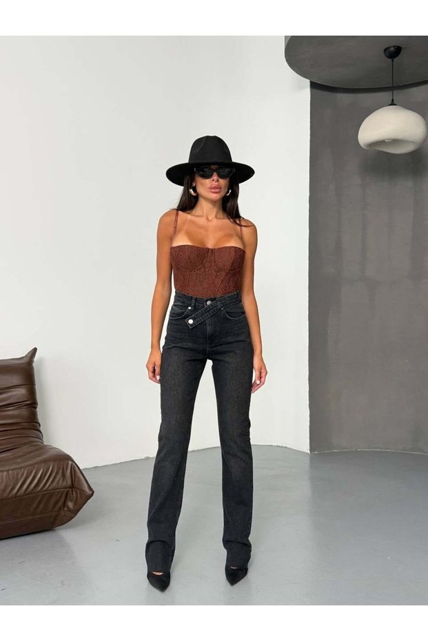 Women's Asymmetrical Cross Waist Detailed Wide Leg Jean Trousers