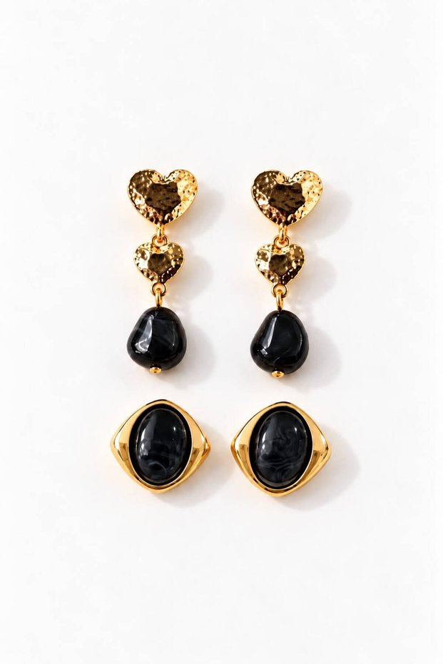 Gold Double Heart Dangle Earrings Set with Black Enamel Stones and Oval Black Stones, 2-Piece Set