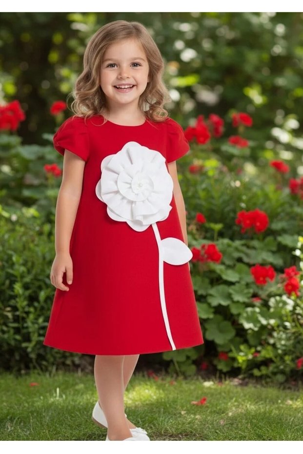 Girl's Rose Detailed Short Sleeve Evening Dress