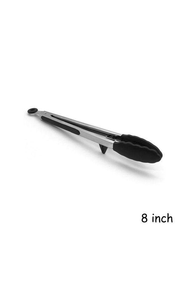 L Black 8inch LMETJMA Kitchen Cooking Tongs Heat Resistant Stainless Steel BBQ Tong with Silicone Ti