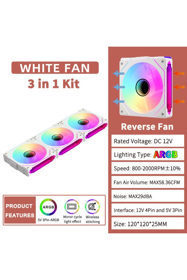 A-RGB AS SHOW Reverse-WH COOLCIRC Free Wire-Splicing Chassis Fan Mirror Cycle ARGB CPU Cooler 120mm