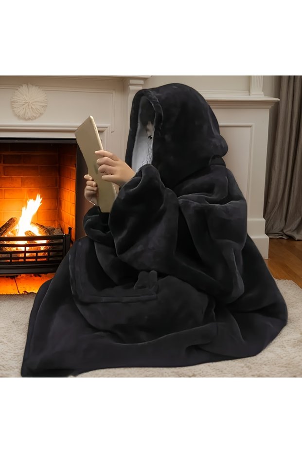 black Cozy Oversized Reversible Fleece Hoodie Blanket - Soft Plush Wearable Sweatshirt with Kangaroo