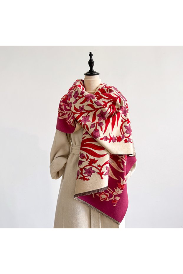 Rose Red 2025 Luxury Brand Women's Winter Cashmere Scarf - Floral Printed Tasseled Pashmina Shawl Wr