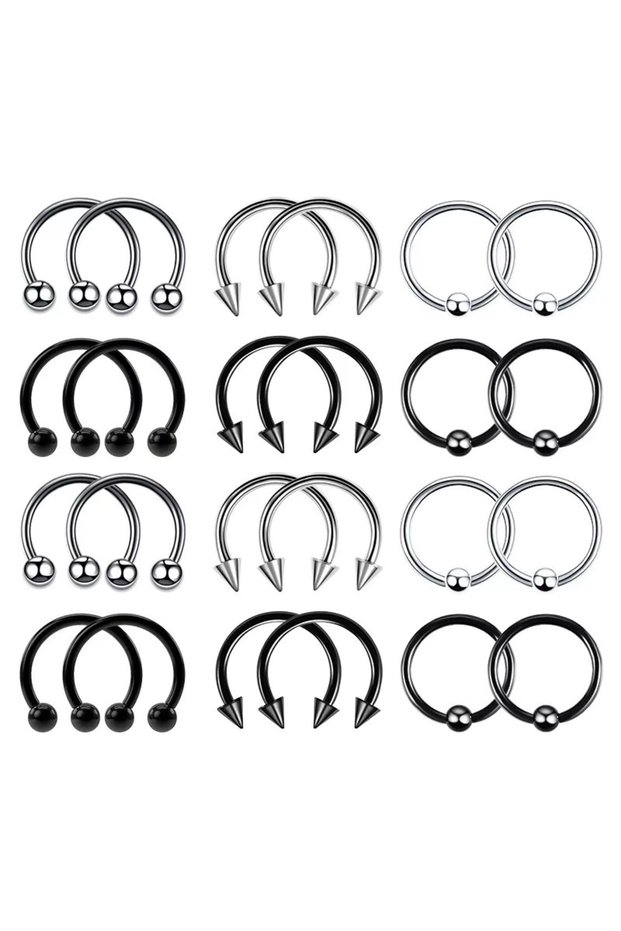 1.2x10mm 24-piece set 24pc 16G Multiuse Stainless Steel Piercing Rings - Hypoallergenic Horseshoe Ho
