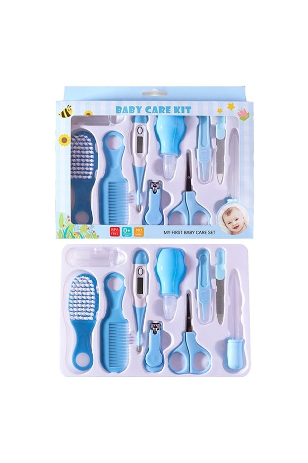 Blue 10PCS/Set Baby Health Care Kit Kids Nail Hair Health Care Thermometer Grooming Brush Clipper Te