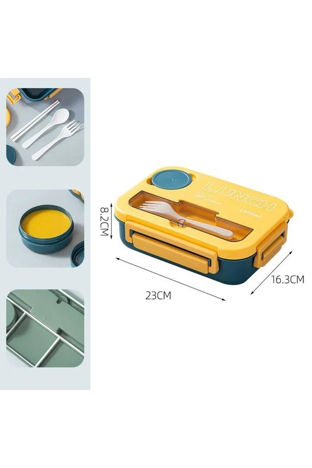 YELLOW Compartment 1300ML Portable Lunch Box Kids Students Office Bento Box With Fork and Spoon Micr
