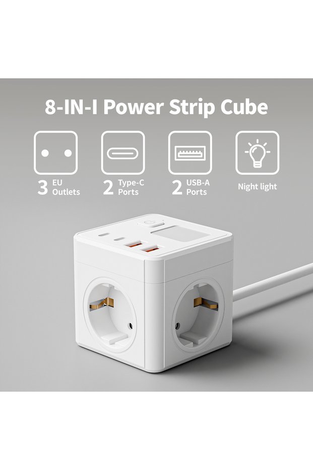 240 3 white 1 EU 8-in-1 power socket, with 1.5-meter extension cord power board, 3 AC sockets & 2 US