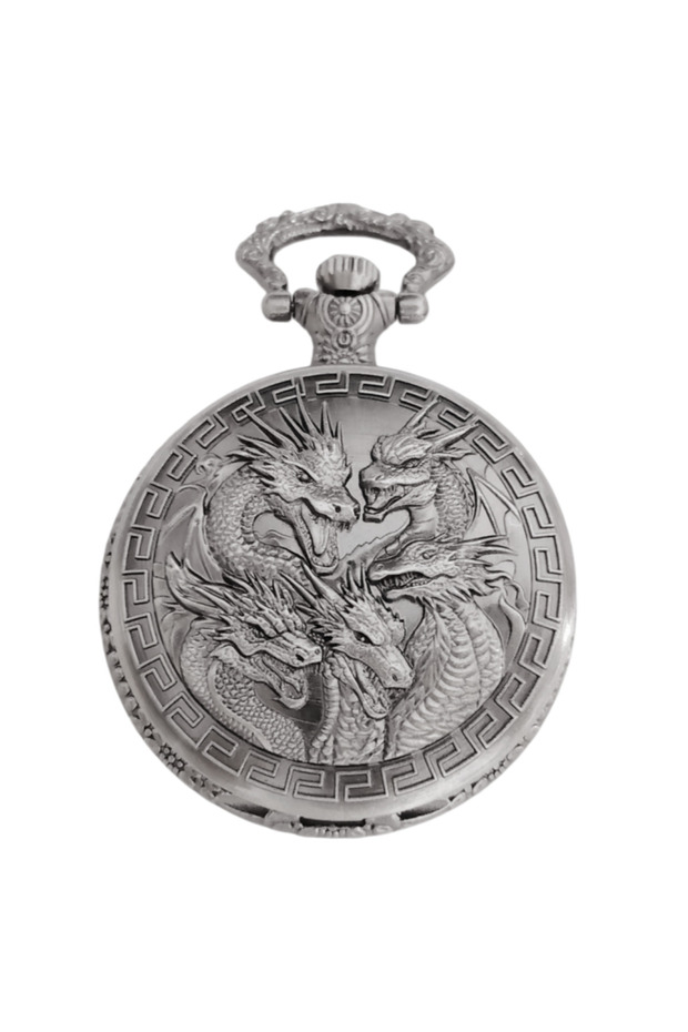 Silvery Retro Charm Neutral Handsome Fashion Dragon Group Carving Quartz Pocket Watch Steampunk Men'