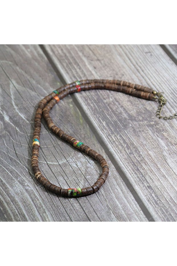 darkwoodmix Noter Men Natural Coconut Beads Wooden Necklace 19 Inches Short Choker Collar Handmade C